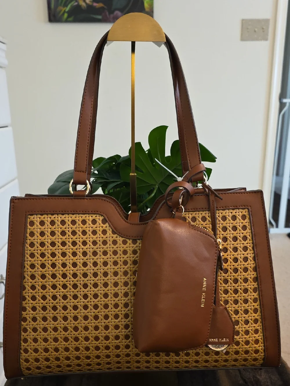 NWT  ANNE KLIEN Women’s Brown Woven Tote Bag with Leather Trim & CHANGE PURSRE